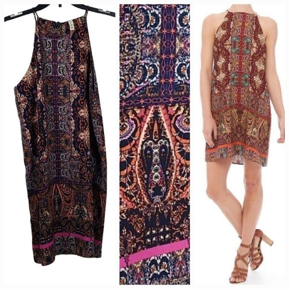 Tyche Navy Tribal Print Trapeze Shift Mini Dress Sleeveless High Neck Summer - Picture 1 of 11